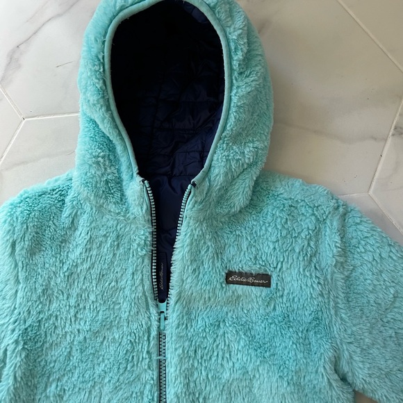 SOFT Eddie Bauer Girls Navy Blue Winter Snow Jacket Reversible Faux Fur Small - Picture 6 of 8